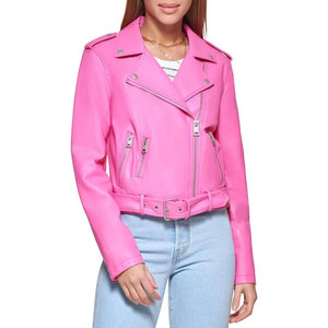 <b>Women's</b> Pink Genuine Sheep Leather Knitted Windproof Moto <b>Jacket</b> with Zipper Closure and Belted Waist Regular Fit Winter Style - Product Image 1
