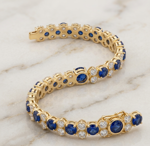 18K Gold Sapphire and Diamond Tennis Bangle Oval Blue Stone <b>Bracelet</b> Round Brilliant Jewelry for Wedding Party - Product Image 3
