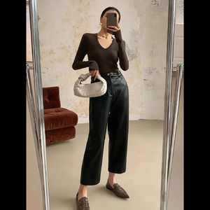 กางเกงหนัง PU สีดำทรงหลวมสำหรับผู้หญิง ฤดูใบไม้ร่วง ฤดูหนาว เอวสูง สไตล์ลำลอง ความยาวเก้าส่วน - Product Image 4