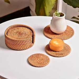 Natural Brown Round Rattan Coasters Elegant Design Perfect For Home And Kitchen Tabletop Daily Usable Accessories Set of 6 Pcs - Product Image 3