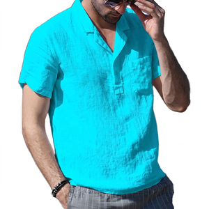Polo en lin et coton blanc à manches courtes pour homme, décontracté, couleur unie, avec poche, respirant, coupe classique - Product Image 2