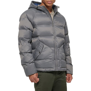 Gray Hooded Puffer <b>Jacket</b> Windproof Zipper Closure Polyester Winter Coat Casual Style Regular Fit - Product Image 2