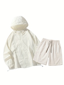 Ensemble veste à capuche et short blanc pour homme, tenue décontractée respirante pour l'été, couleur unie, tricot en polyester - Product Image 1