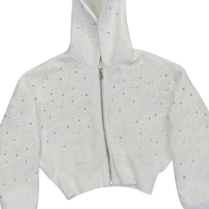 Cropped <b>Rhinestone</b> Zip Hoodie White Sparkle Sweatshirt Winter Fashion Streetwear Long Hooded <b>Jacket</b> 100% Cotton Fleece Oversized - Product Image 1