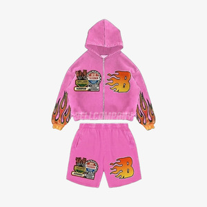 Conjunto de Sudadera con Capucha y Pantalones Cortos con Estampado de Llamas para Niños, Conjunto Deportivo Azul - Product Image 1