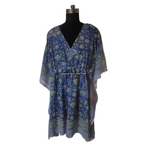 100% Cotton Women Sleepwear Hand Block Printed Kaftan Dress KFCS198 Light Weight Women Casual Occasion Wear Short Caftan Dresses - Product Image 1