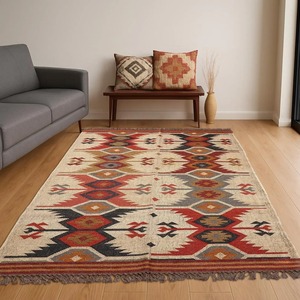 Tapis Bohème Géométrique Rectangulaire à Tissage Plat Antidérapant pour Salon, en Laine Acrylique à Poils Courts avec Franges - Product Image 4