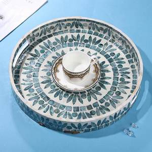 Mother of pearl tray Round decorative <b>mosaic</b> serving tray with handles for coffee <b>table</b> home decor and luxury hotel use - Product Image 2