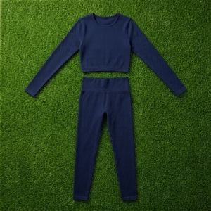 <b>Women</b> <b>Navy</b> Blue Ribbed Long Sleeve <b>Top</b> High Waist Leggings Yoga Set Gym Fitness Workout Activewear - Product Image 5