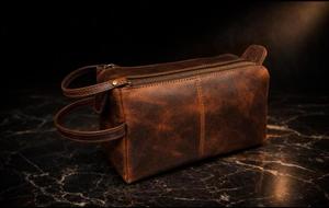 Premium Handmade Brown Leather Dopp Kit Vintage Style Travel Cosmetic Bag with Zipper Closure - Product Image 1