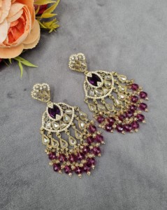 Boucles d'oreilles pendantes ethniques ovales en pierres précieuses pour femmes, plaqué or antique, style designer, pour fêtes traditionnelles, vente en gros - Product Image 2