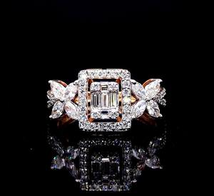 Bague de Fiançailles Florale de Luxe en Or Rose 14 carats, Diamant de Laboratoire Taille Baguette et Marquise, Design Halo, Certifiée IGI, Vente en Gros, Anniversaire - Product Image 1