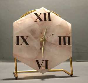 Rose Quartz Stone Square <b>Clock</b> Elegant Roman Numeral Face Golden Hands Artistic Vintage Inspired Home Office Timepiece - Product Image 2