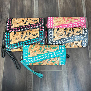 Wristlet Hand Tooled Genuine Leather <b>Women</b> Floral Checkered Design Clutches Luxury <b>Card</b> Holder Evening <b>Wallet</b> For Shopping - Product Image 2
