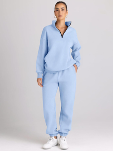 Ensemble de survêtement bleu clair pour femme, 2 pièces, pull à manches longues avec demi-fermeture éclair et pantalon de survêtement ample avec poches, respirant - Product Image 4
