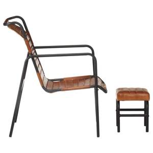 Fauteuil relaxant en cuir véritable brun foncé avec chaise longue en fer thermolaqué - Product Image 4