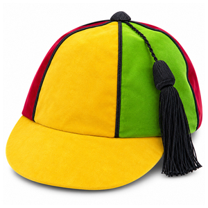 Casquette d'honneur unisexe en velours rouge, jaune et vert, avec passepoil noir et pompon, idéale pour les cérémonies scolaires, sportives et de présentation. - Product Image 1