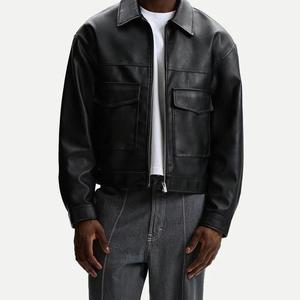 Men's Black <b>Leather</b> <b>Jacket</b> Turn-down Collar Zipper Closure Casual Style Regular Length Solid Color - Product Image 3