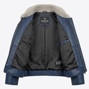 Navy Blue Black Contrast <b>Mens</b> Genuine <b>Shearling</b> Leather Jacket Plush Grey Wool Collar Aviator Flight Pilot Bomber <b>Coat</b> Outerwear - Product Image 5