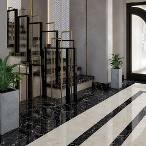 Rampe d'escalier géométrique noire et or avec cadre rectangulaire pour les intérieurs de villas, hôtels et maisons de luxe, dotée de métal de qualité supérieure - Product Image 1