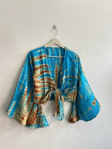 Blusa de seda al por mayor para mujer, top retro de playa con lazo frontal, top cruzado de seda - Product Image 2