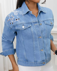 Hardihood International Light Wash Denim <b>Jacket</b> Women Embroidered Floral Button Front Formal Breathable Distressed <b>Rhinestone</b> - Product Image 5