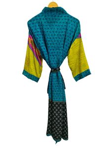 Robe kimono en soie pure, patchwork, pour couvrir le bikini, vêtement de nuit, longue robe, kimono indien vintage en soie recyclée, fait main - Product Image 4