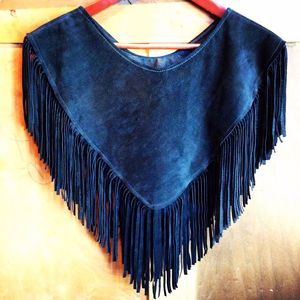 Dark Blue Leather Fringe Women's Triangle <b>Shawl</b>-Solid Color Long Winter <b>Wrap</b> with Customized Printing Durable Windproof Features - Product Image 2