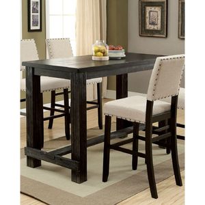 Set da Bar Antico in Legno Nero con 5 Pezzi: Tavolo Alto da Sala da Pranzo e 4 Sedie con Cuscini in Lino Avorio e Finitura con Borchie - Product Image 2