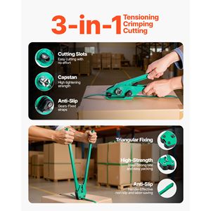 Kit Sigillatore Manuale per Imballaggi Pesanti con Nastro PET da 450 m, 450 Sigilli Metallici, 150 Protezioni Angolari e Guanti in Materiale PP - Product Image 4