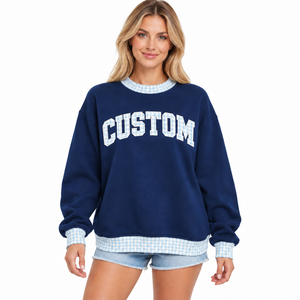 Sweat-shirt décontracté à col montant pour femme, avec appliqué lettres, motif écossais et empiècements color block, manches longues, qualité supérieure, OEM - Product Image 1