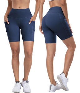 Pantalones cortos deportivos de Yoga azules de cintura alta en forma de V para mujer, sin costuras, de secado rápido, 100% de poliéster, para correr, cintura elástica sólida - Product Image 4