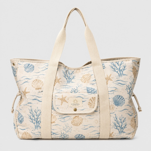 Seashell Coral Wave Print Cotton <b>Canvas</b> <b>Beach</b> Tote Bag Eco-Friendly Large Capacity Women Summer Travel Open Top Zipper Closure - Product Image 1