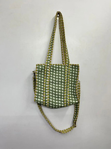 Green Checkered Cotton Bohemian Mini Tote Bag with Dual Straps Open Closure Made in Rajasthan - Product Image 2