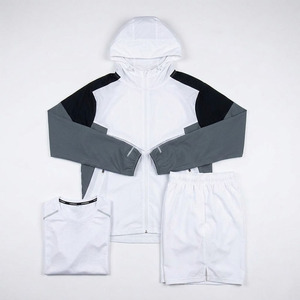 Wholesale Custom <b>Men's</b> 3-Piece Nylon Lightweight Tracksuit Set Hooded Windbreaker <b>Jacket</b> T-Shirt Shorts Gym Running Sports - Product Image 1
