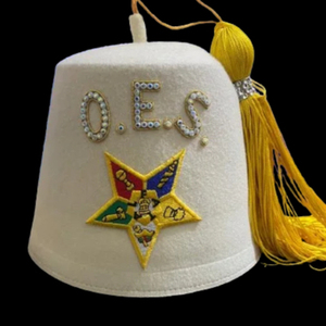 Gorro Fez Masónico O.E.S. de Algodón a Rayas con Pedrería, Hilos de Oro y Borla - Product Image 1