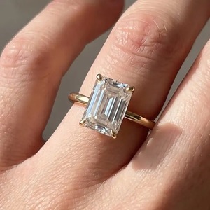 Moissanite Solitaire 3.5Ct <b>Emerald</b> Cut Diamond Engagement <b>Ring</b> in 18kt Gold Plated 925 Sterling <b>Silver</b> for Women's from India. - Product Image 1