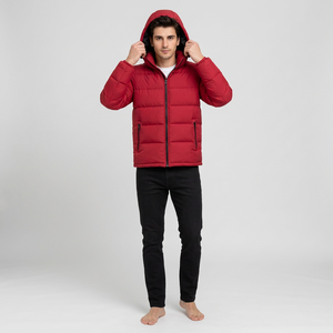 Veste matelassée à capuche rouge pour homme, fermeture éclair, coupe-vent, manteau d'hiver décontracté, coupe régulière, rembourrage en polyester, couleur unie - Product Image 3