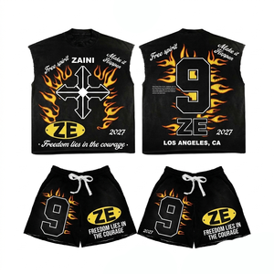 Premium 180 GSM Cotton Jersey Sleeveless T <b>Shirt</b> Shorts Set Custom <b>Flame</b> Graphic Print Black Outfit - Product Image 1