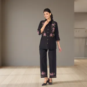 Ensemble coordonné deux pièces en coton brodé noir pour femmes, col chemise, manches trois quarts, pantalon droit à fleurs, tenue élégante - Product Image 6