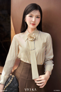 Camisa de Manga Larga a Rayas con Corbata Desmontable para Mujer, de Poliéster/Algodón, Color Violeta, Estilo Casual Vietnamita, Cuello Clásico, Teñido con Hilo - Product Image 6