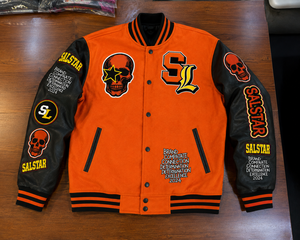 Veste universitaire personnalisée pour homme, veste bomber de baseball noire et orange avec broderie de crâne | Fabricant en gros OEM/ODM - Product Image 6