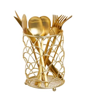 Gold Wire Cutlery Holder And Metal Utensil Organizer Stand For Dining <b>Table</b> Art Deco Mesh Silverware <b>Caddy</b> And Spoon Fork Stand - Product Image 1