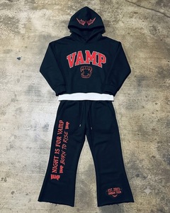Custom Eco-Friendly Winter Black Streetwear Pullover <b>Hoodie</b> Wide Leg Sweatpants Set Embroidered Letter Graphic Layered Hem - Product Image 1
