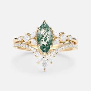 Ensemble de bagues de fiançailles et d'anniversaire de luxe en or massif 14 carats, avec agate mousse taille marquise unique, grappe de moissanite rose et design incurvé fait main - Product Image 6