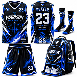 Custom Blue Black Basketball Uniform Set Sublimated Team Jersey Shorts Sports Kit With Socks Backpack And Water Bottle - Product Image 1