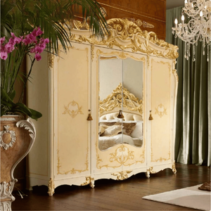 Armario de Alta Gama, Ecológico y Duradero, en Color Crema Marfil, Madera de Caoba, Diseño Clásico Francés, Puerta con Espejo, para Apartamento u Hotel - Product Image 1