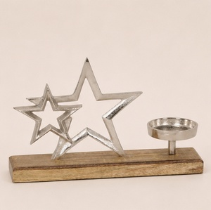 Handcrafted Silver Metal Double Star Candle Holder on Natural Mango Wood Base Modern Aluminium Celestial Tealight <b>Stand</b> On Sale - Product Image 5