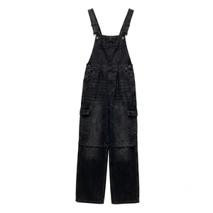 Salopette en jean noir personnalisée à jambes larges, style cargo, bretelles réglables, streetwear, pour femme - Product Image 1