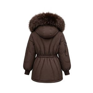 Custom Chocolate Brown Down <b>Parka</b> Toggle Cinch Waist Dual <b>Pockets</b> Heavy Down Fill Plush Fur Hood Neck Cuffs Puffer Coats - Product Image 3